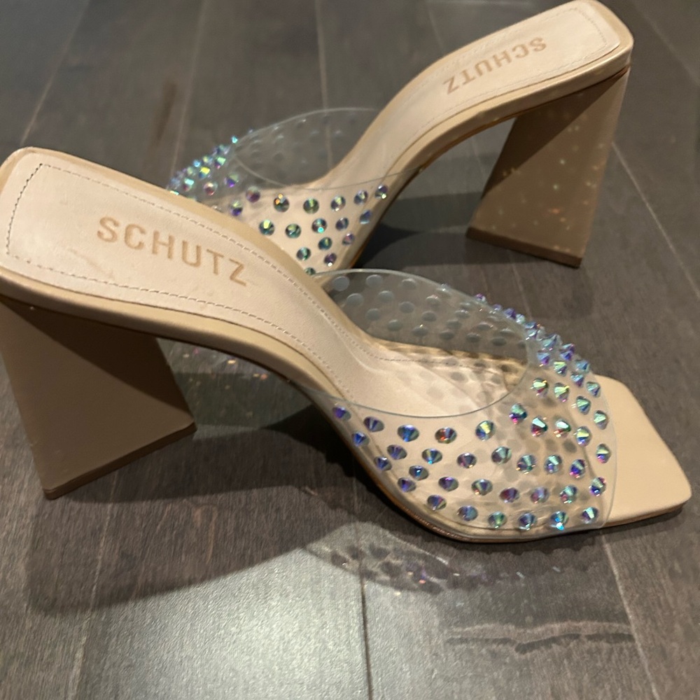 Women’s size 8 Schutz transparent and crystal block heel sandals